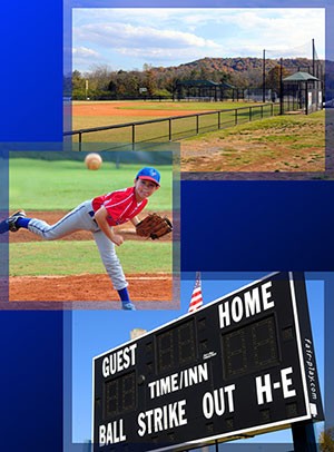 Baseball field, baseball player, and scoreboard