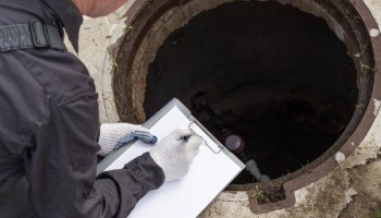 worker with clipboard inspecting manhole
