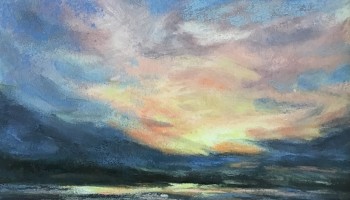Pastel painting of a sunrise over water
