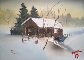 a snow covered bridge above a frozen stream