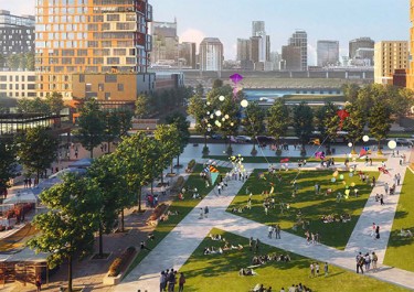 artist rendering of an aerial view of a green space in the East Bank area