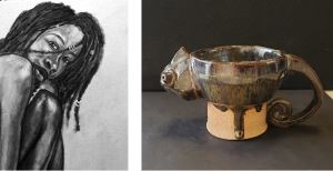 charcoal drawing and ceramic animal sculpture