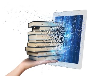 hand holding books coming out of a tablet