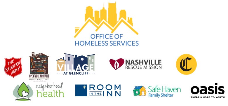 Logos for the following: Office of Homeless Services, The Salvation Army, Open Table Nashville, Village at Glencliff, Nashville Rescue Mission, Community Care Fellowship, Neighborhood Health, Room in the Inn, Safe Haven Family Shelter, Oasis: There's more to youth