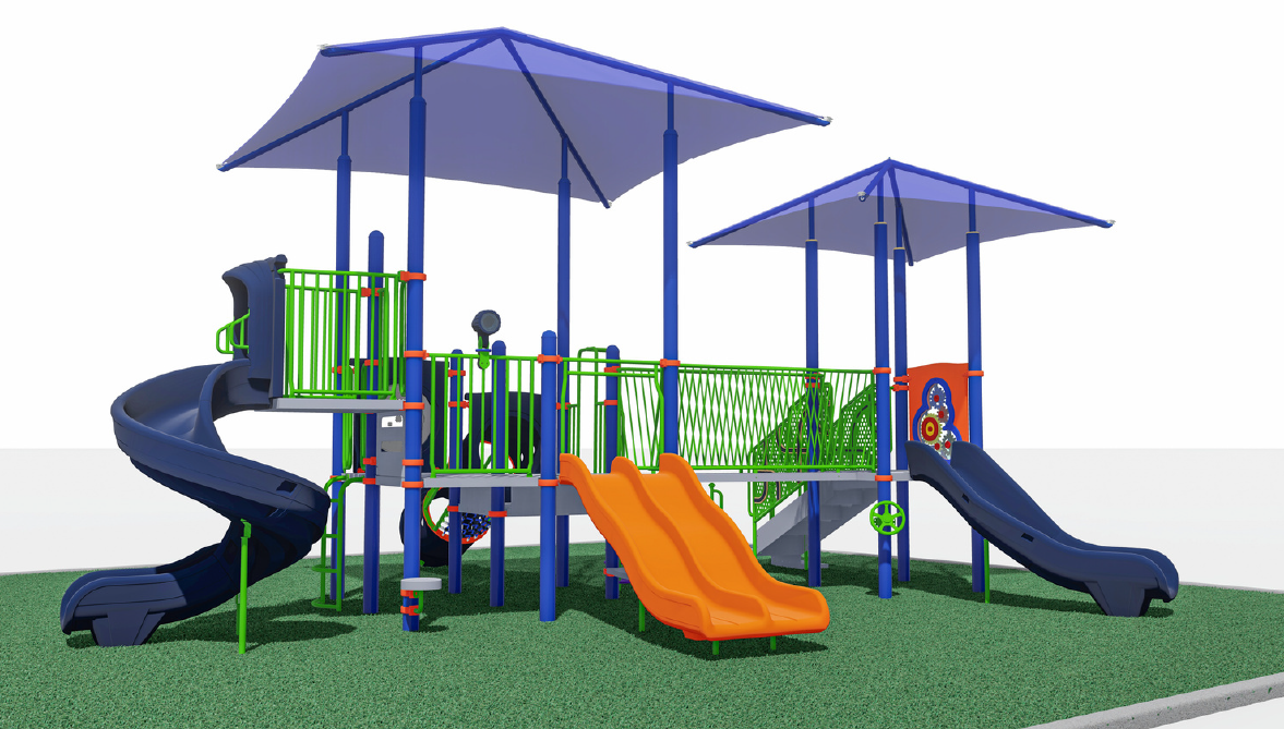 Rendering of playground for children from 2 to 5 years old, with shade cover and slides