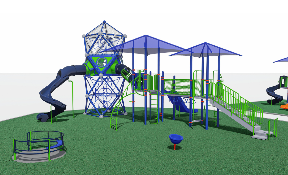 Rendering of playground for children from 5 to 12 years old, with climbing tower, shade structures, slides, and a spinner.