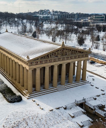 the Nashville Parthenon in snow from above